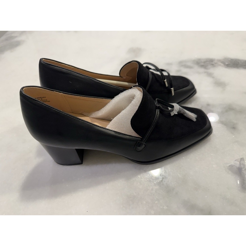 Journee Collection Loafer Pump Womens 9 Black Square Toe Block Heel Bow Detail - Picture 2 of 7